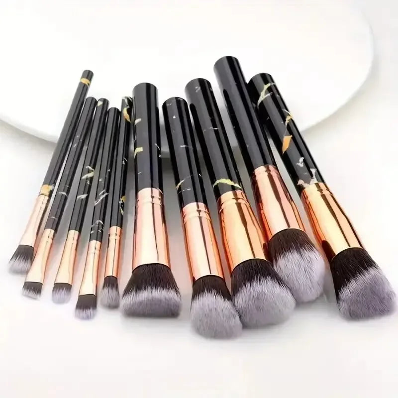 Nova Glam Essentials 10-Piece Marble Brush Set – Vegan Synthetic Kabuki & Eyeshadow Brushes