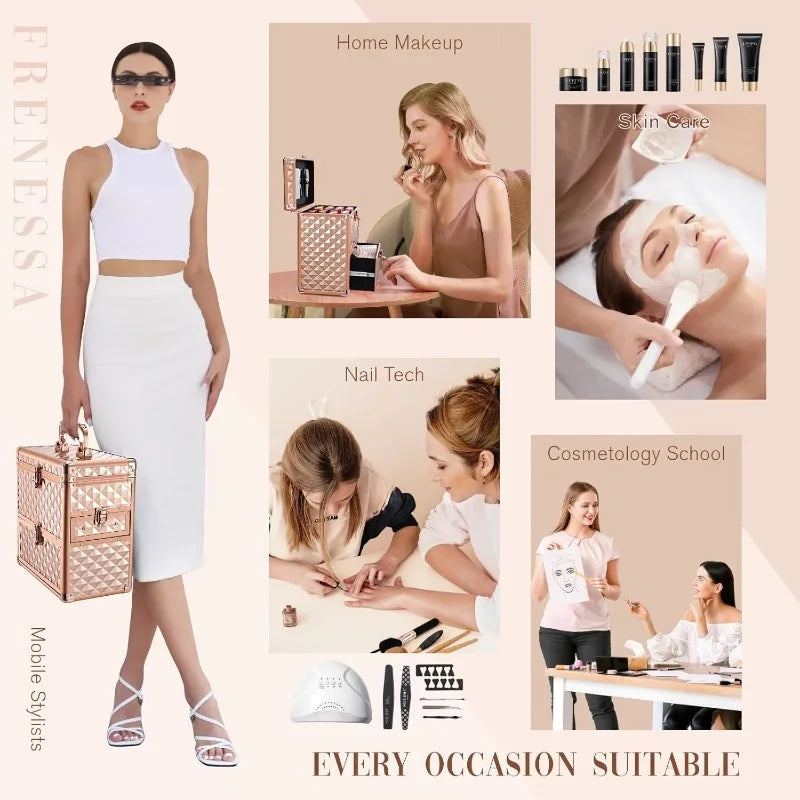 Nova Glam Essentials Rose Gold Professional Makeup Train Case - XL Lockable Organizer with Mirror, Drawers & Custom Dividers for Cosmetologists