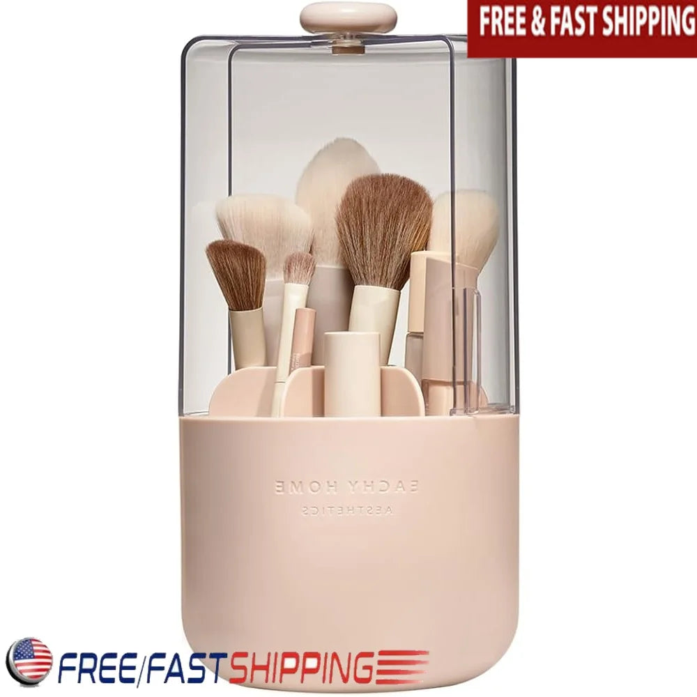Nova Glam Essentials 360° Rotating Brush Organizer – Pink PVC with Dustproof Lid