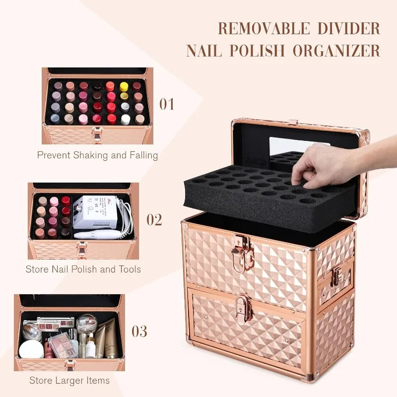 Nova Glam Essentials Rose Gold Professional Makeup Train Case - XL Lockable Organizer with Mirror, Drawers & Custom Dividers for Cosmetologists
