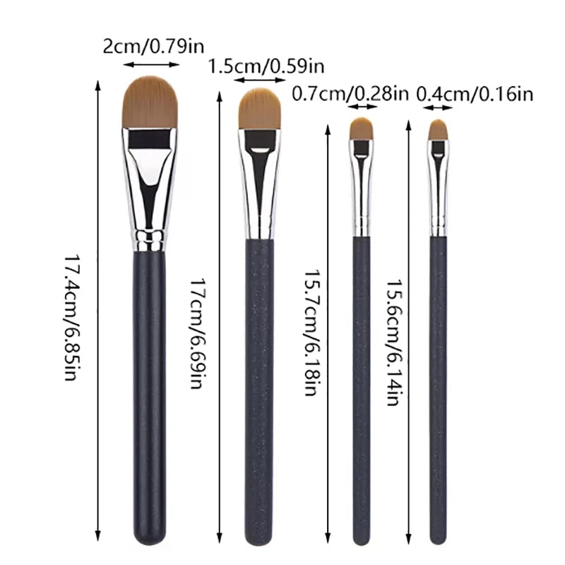 Nova Glam Essentials 4-Size Ultra-Thin Foundation Brush Set – Flat Round Liquid/Cream Concealer & Contour Makeup Tools