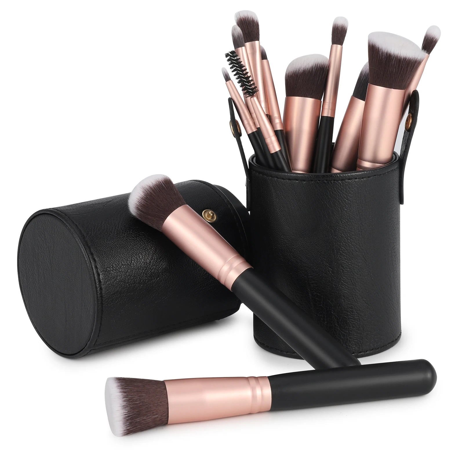Nova Glam Essentials 14-Piece Professional Makeup Brush Set with PU Leather Holder - Vegan Synthetic Brushes for Full Face & Eyes