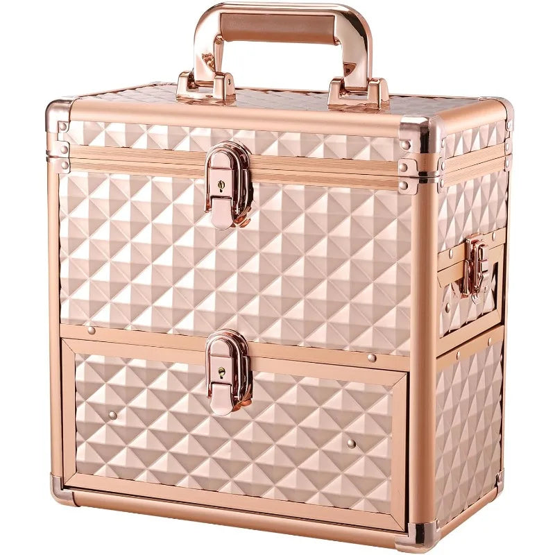 Nova Glam Essentials Rose Gold Professional Makeup Train Case - XL Lockable Organizer with Mirror, Drawers & Custom Dividers for Cosmetologists