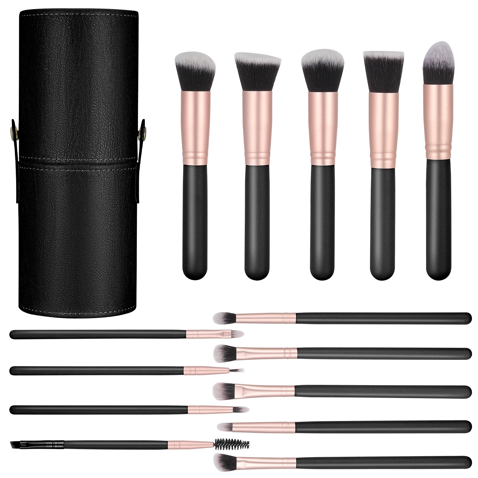 Nova Glam Essentials 14-Piece Professional Makeup Brush Set with PU Leather Holder - Vegan Synthetic Brushes for Full Face & Eyes