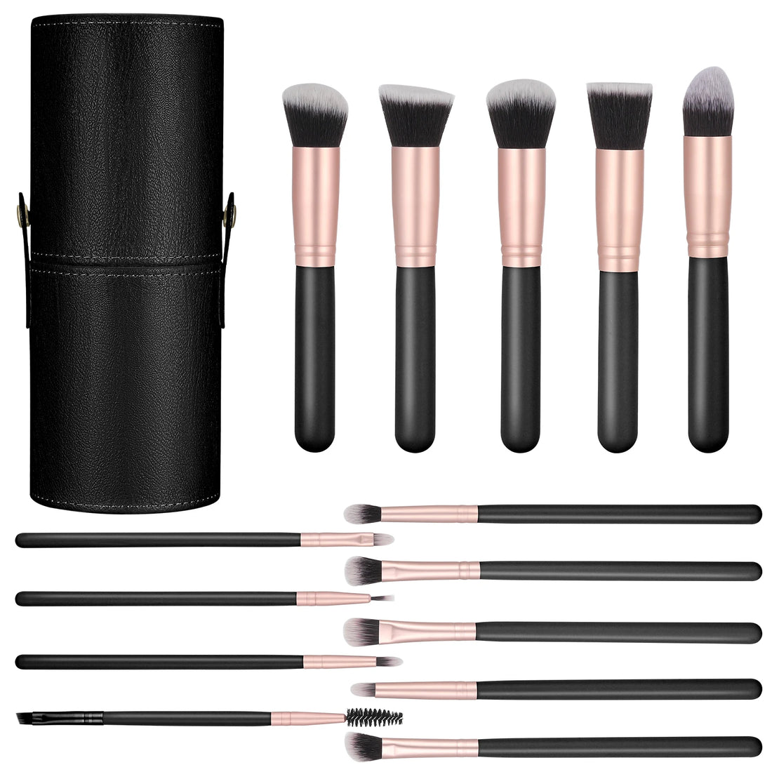 Nova Glam Essentials 14-Piece Professional Makeup Brush Set with PU Leather Holder - Vegan Synthetic Brushes for Full Face & Eyes