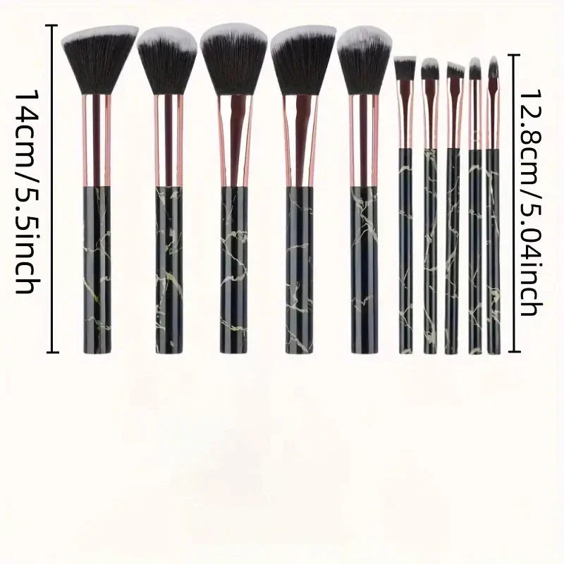 Nova Glam Essentials 10-Piece Marble Brush Set – Vegan Synthetic Kabuki & Eyeshadow Brushes