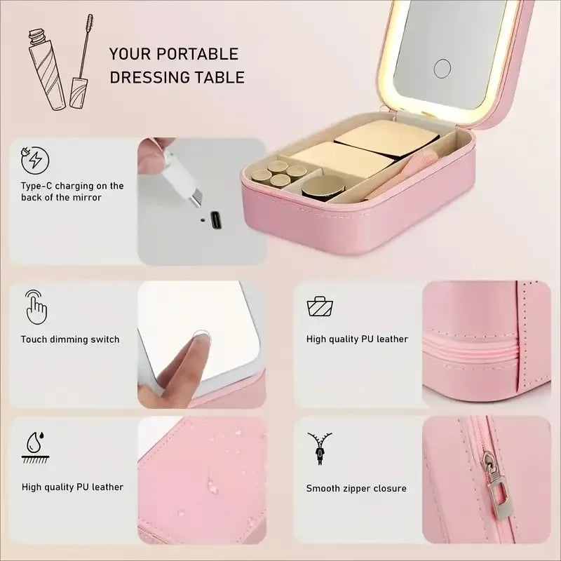 Portable LED Lighted Makeup Mirror Box - USB Rechargeable, Foldable Travel Cosmetic Organizer, Pink Faux Leather Design, Compact