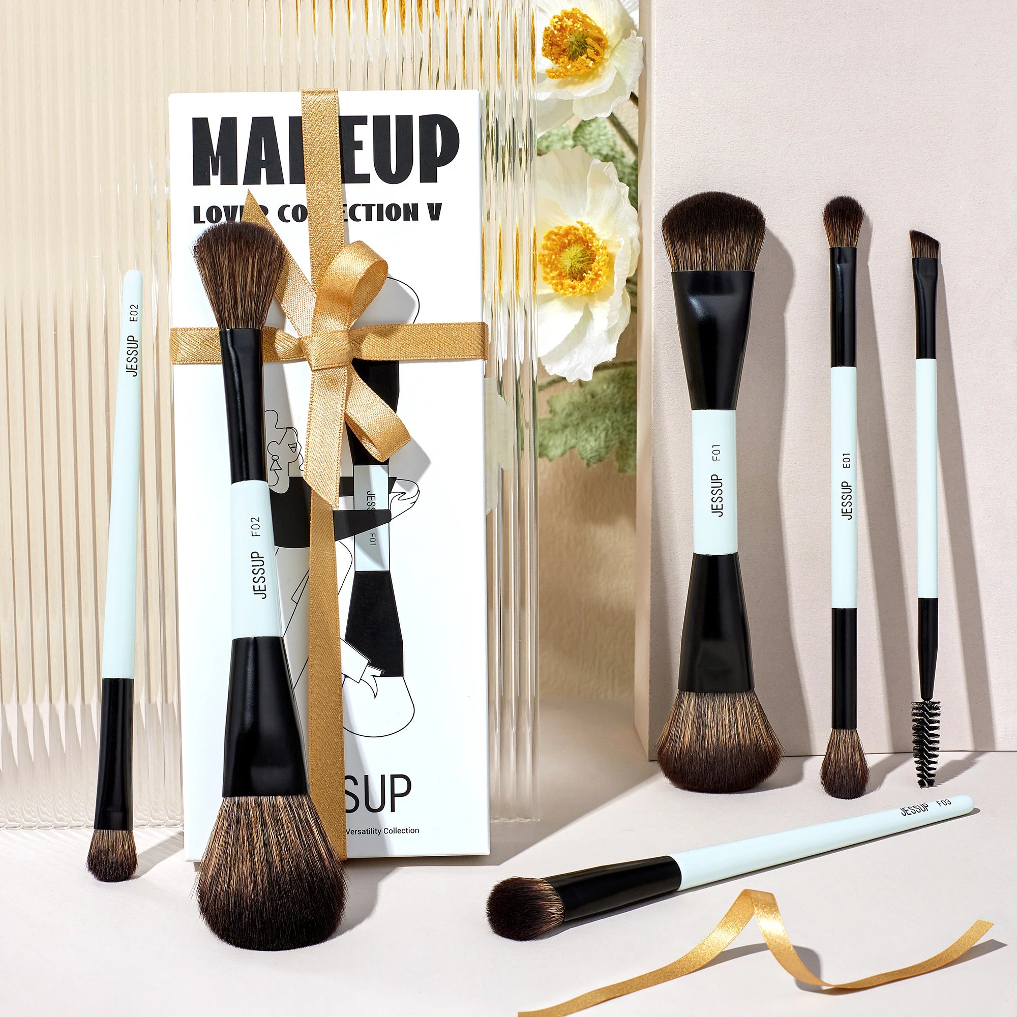 Nova Glam Essentials Double-Sided Brush Set – Bright Cyan Vegan Brushes for Multi-Use Makeup