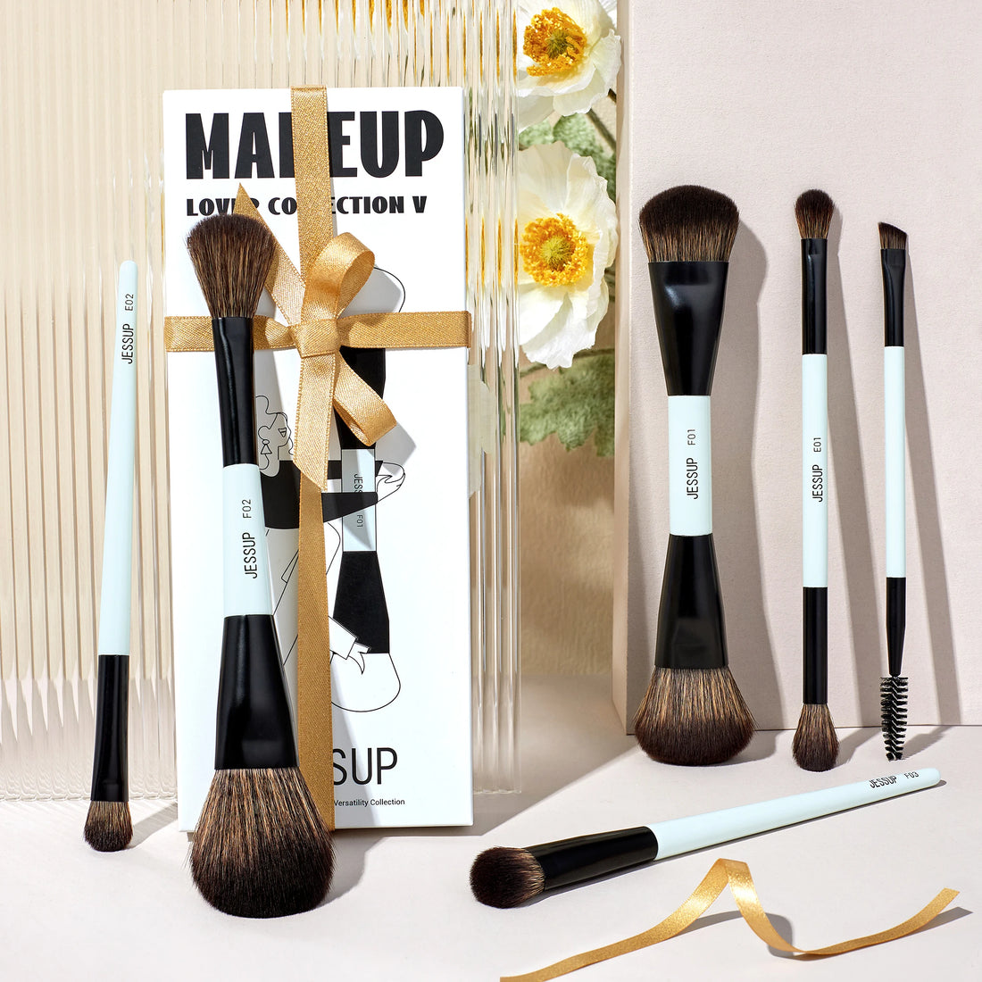 Nova Glam Essentials Double-Sided Brush Set – Bright Cyan Vegan Brushes for Multi-Use Makeup