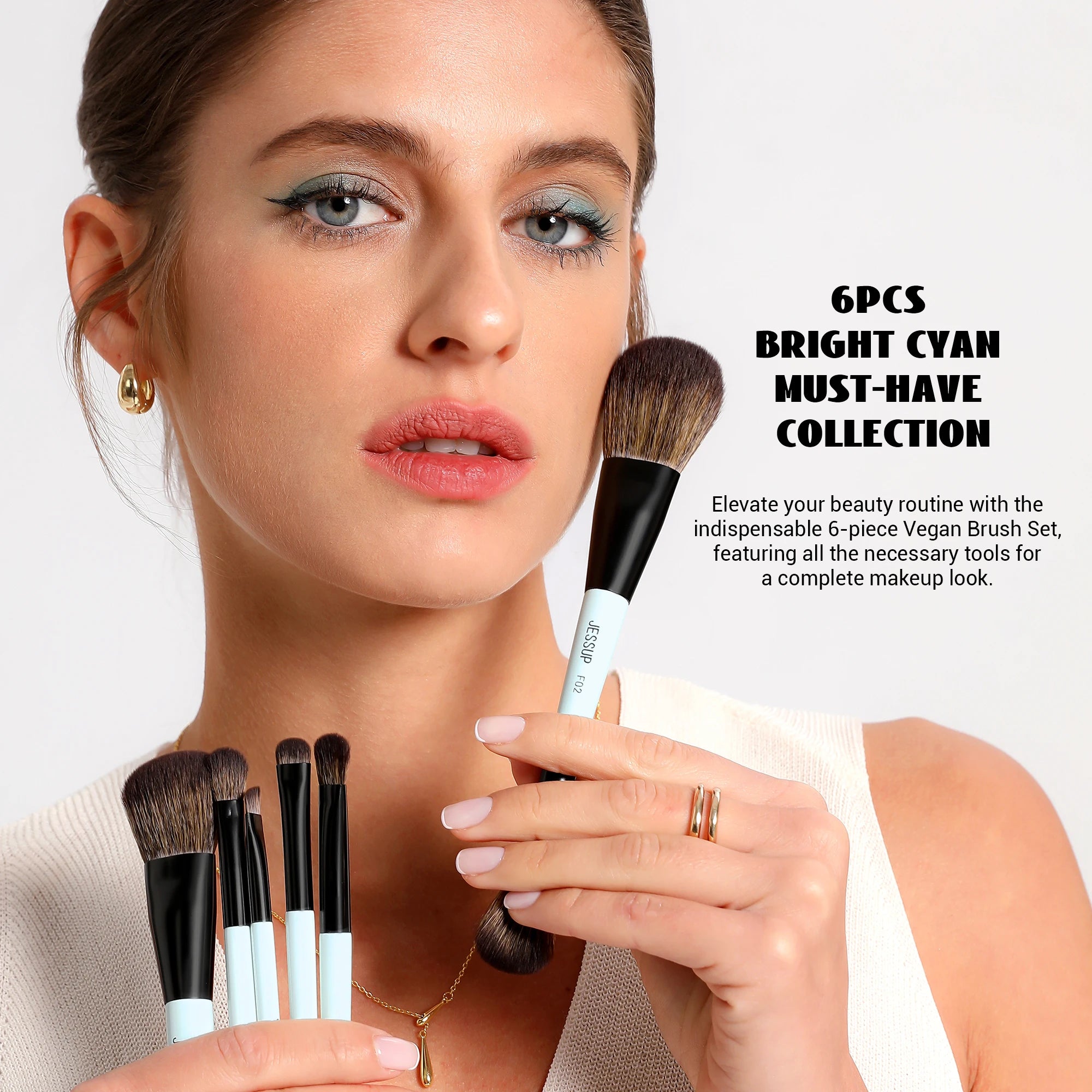 Nova Glam Essentials Double-Sided Brush Set – Bright Cyan Vegan Brushes for Multi-Use Makeup