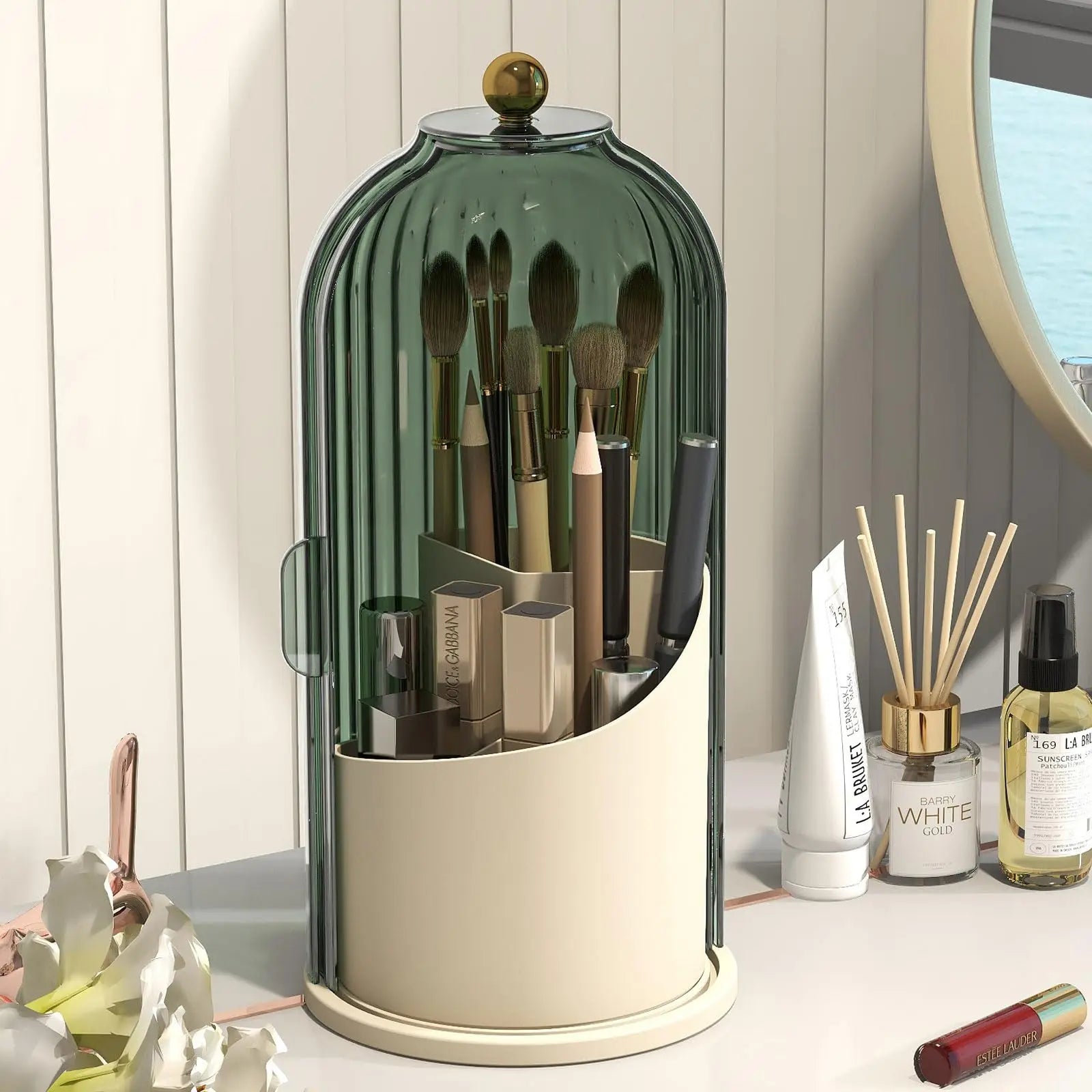 Nova Glam Essentials 360° rotating makeup brush organizer with dustproof lid on a vanity