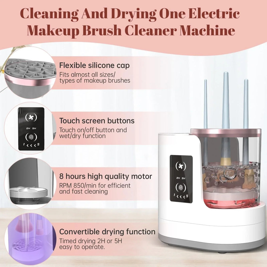 Nova Glam Essentials 3-in-1 Electric Makeup Brush Cleaner & Dryer – Portable USB-Powered Cleaning Station with Timer, Silicone Bowl & Brush Holder