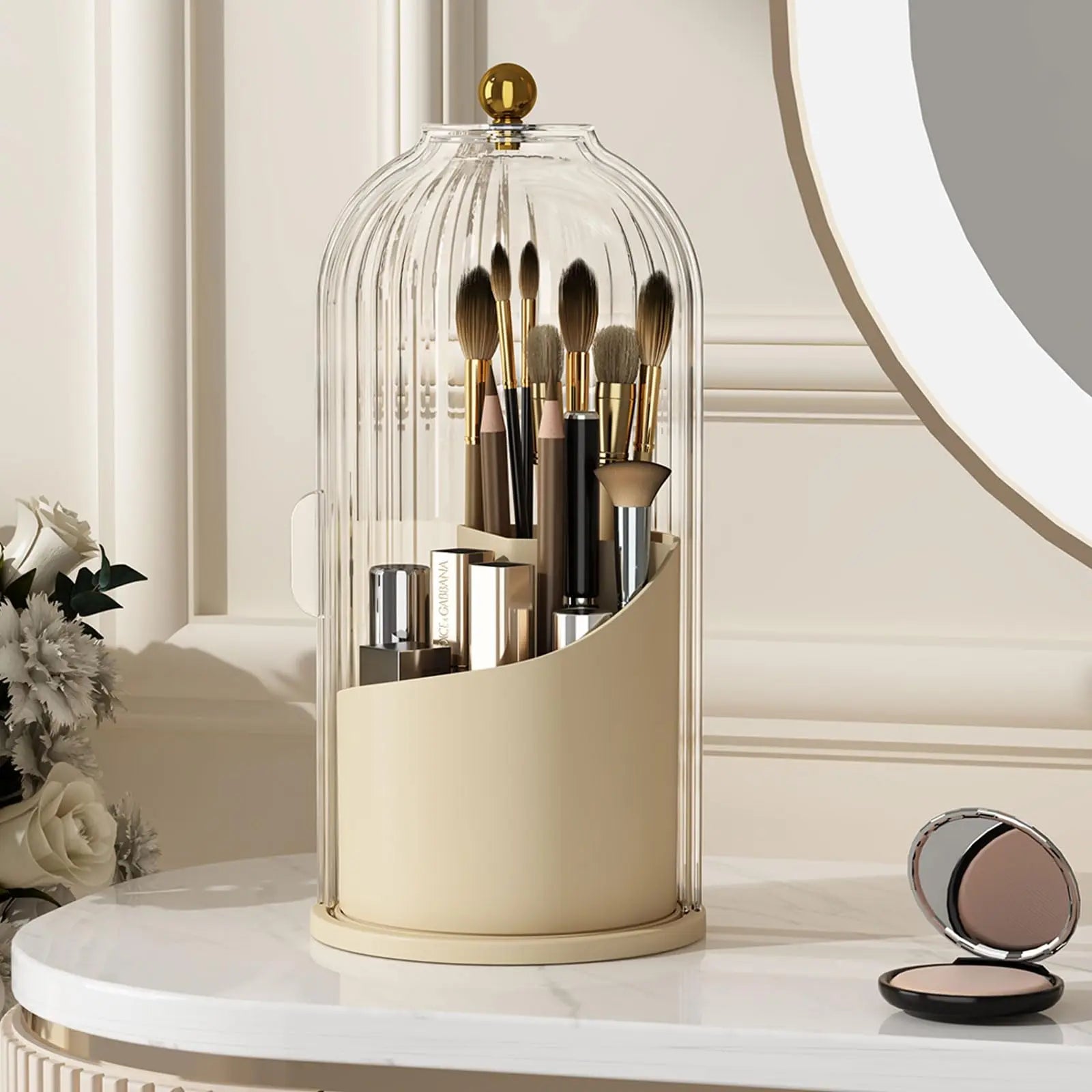 Nova Glam Essentials 360° rotating makeup brush organizer with dustproof lid on a vanity