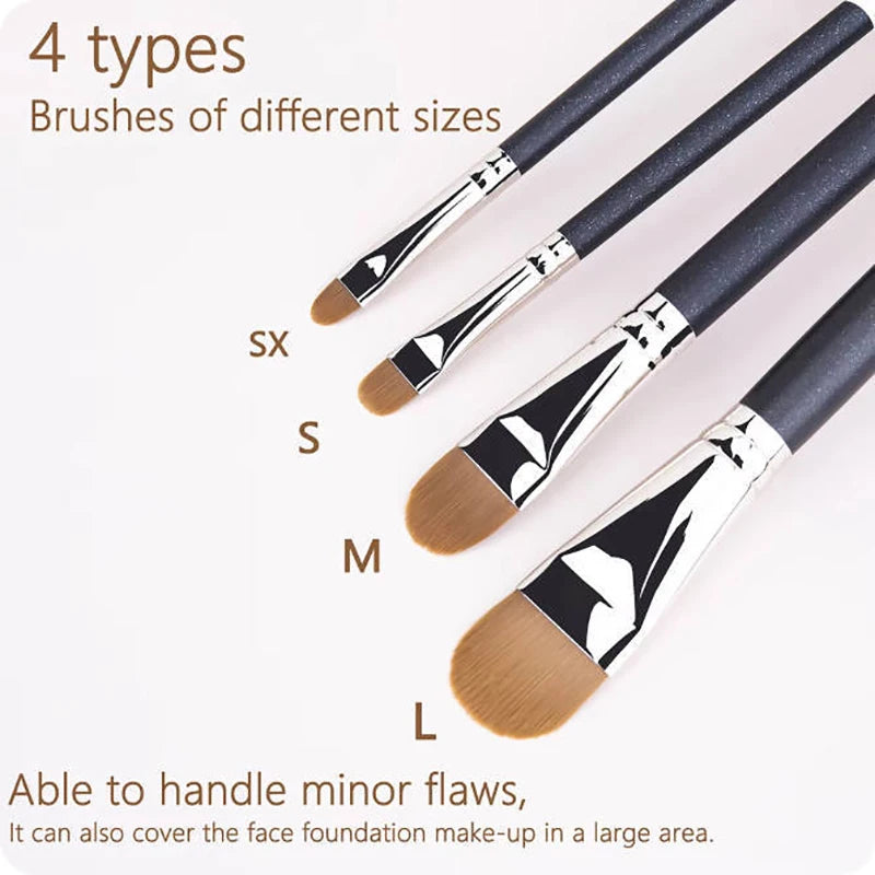 Nova Glam Essentials 4-Size Ultra-Thin Foundation Brush Set – Flat Round Liquid/Cream Concealer & Contour Makeup Tools