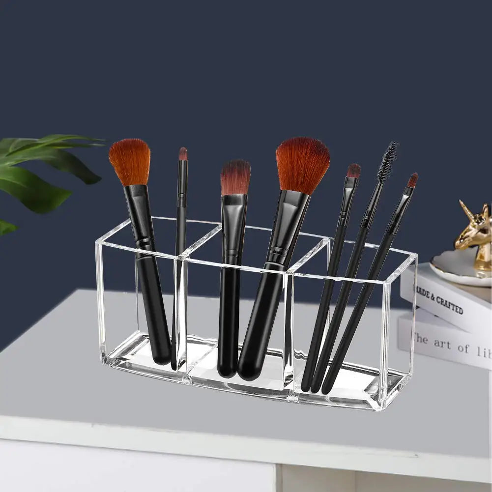 Nova Glam Essentials Clear Makeup Brush Organizer holding 20+ brushes in 3 slots