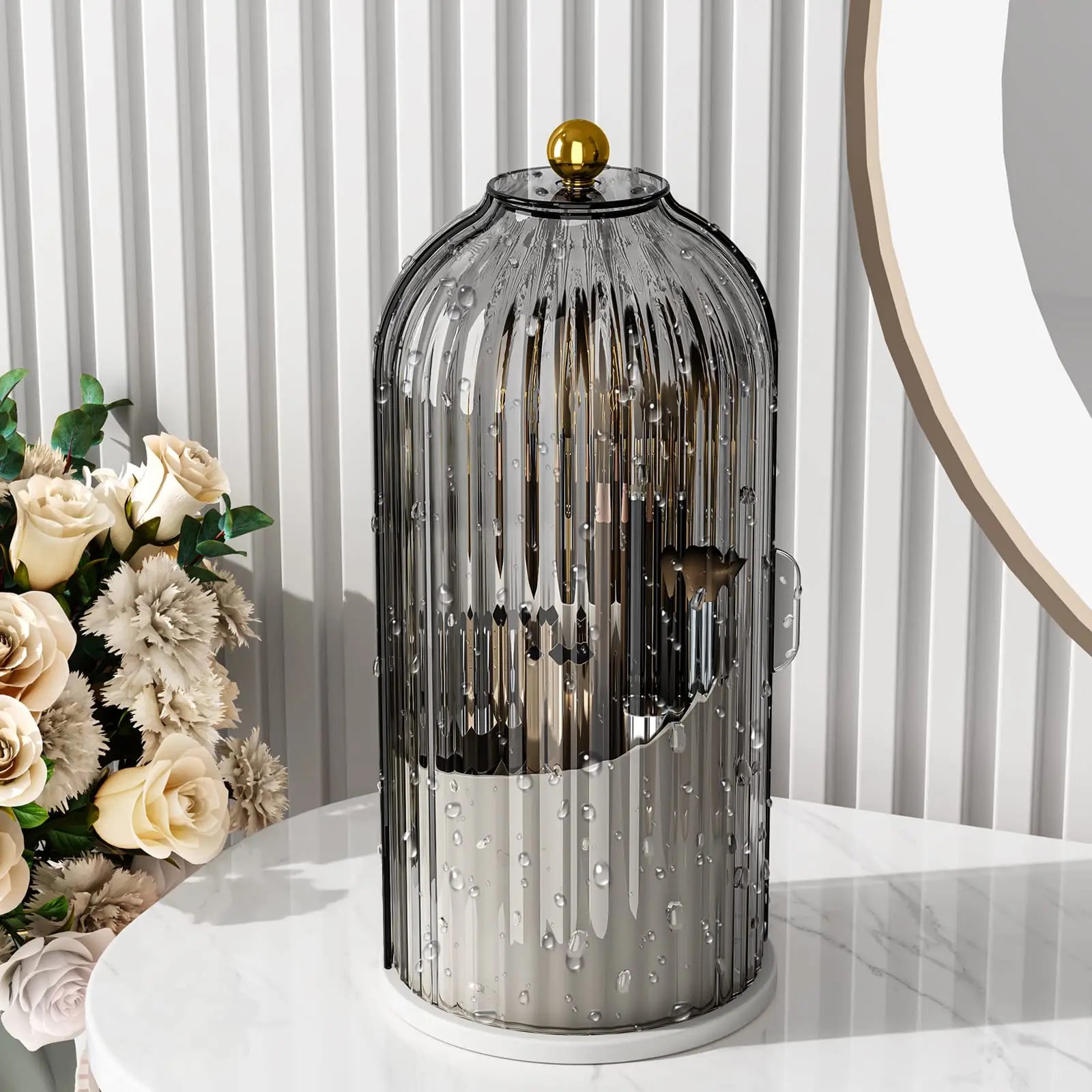 Nova Glam Essentials 360° rotating makeup brush organizer with dustproof lid on a vanity