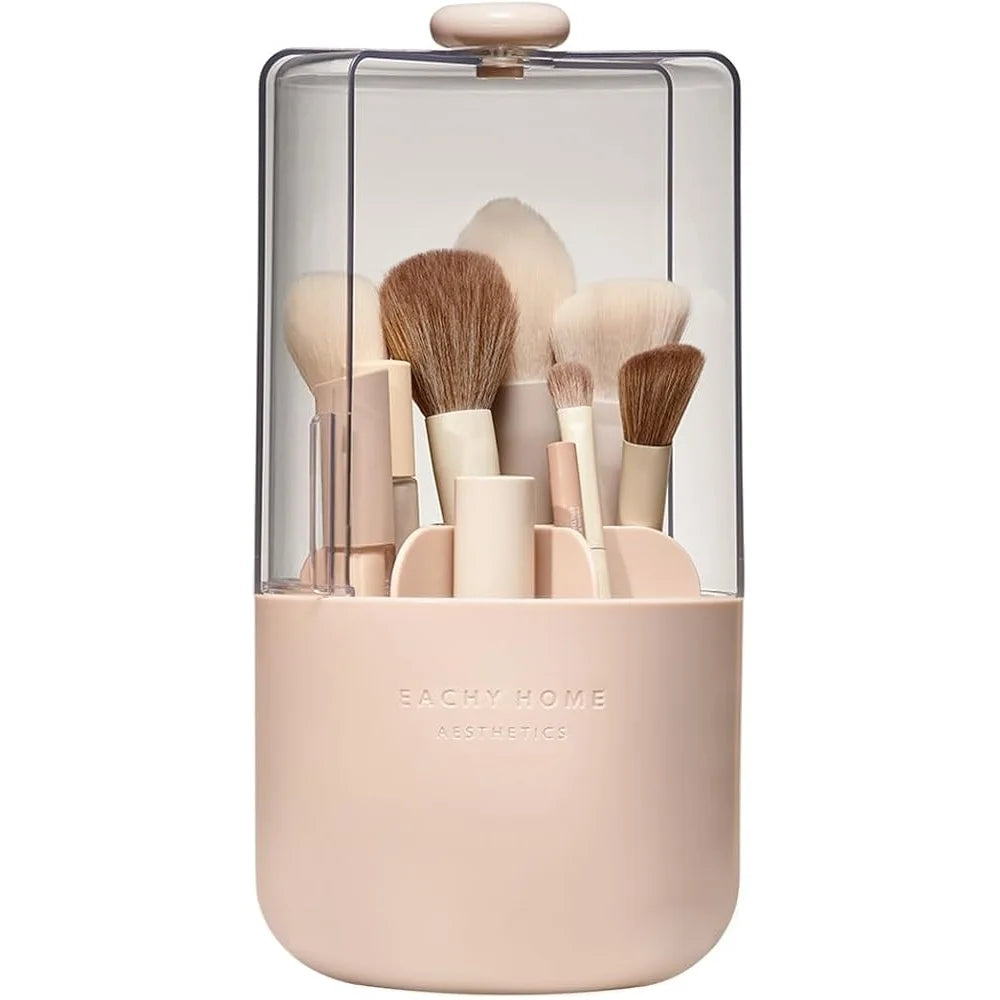 Nova Glam Essentials 360° Rotating Brush Organizer – Pink PVC with Dustproof Lid