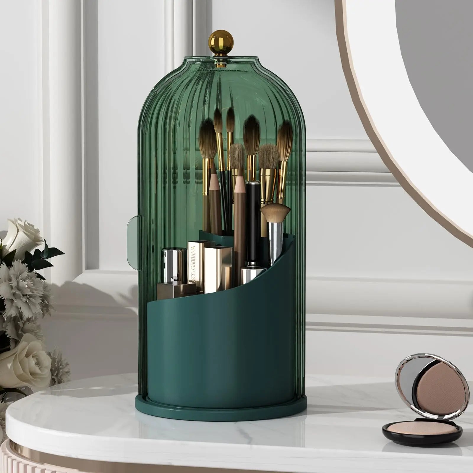 Nova Glam Essentials 360° rotating makeup brush organizer with dustproof lid on a vanity