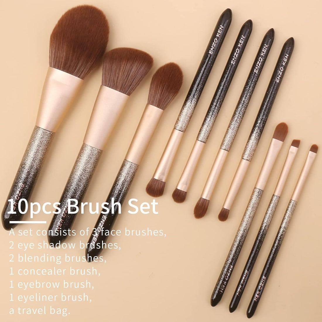 Nova Glam Essentials Professional Makeup Brush Set - Natural Sable Hair Brushes with Bling Glitter Handles & Gold Ferrules (Luxury Complete Kit)