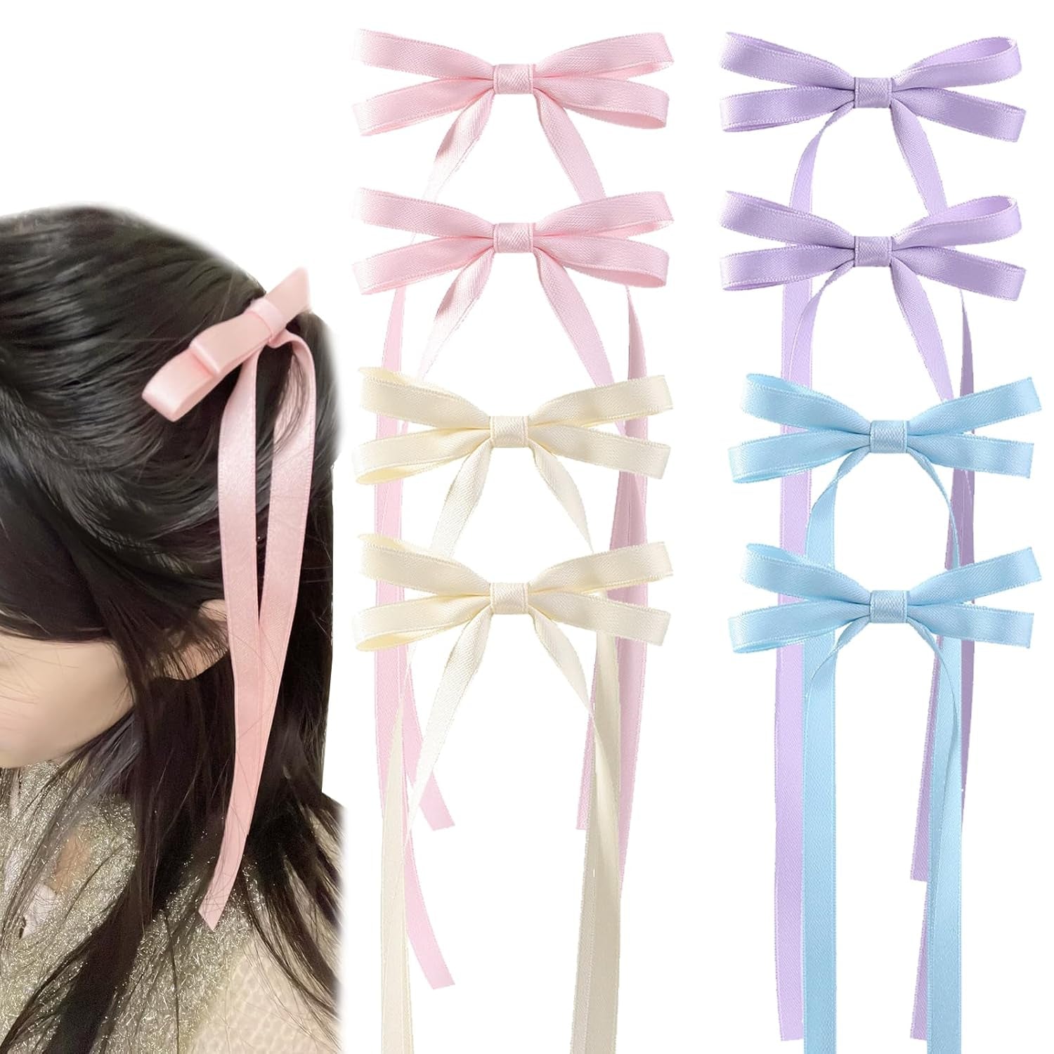 Nova Glam Essentials 8-Piece Double Hair Bows - Long Tassel Ribbon Hair Clips for Women & Girls (Y2K Kawaii Hair Accessories, 4 Colors)