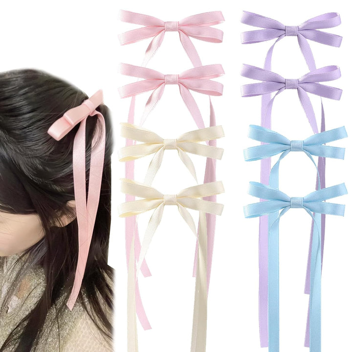 Nova Glam Essentials 8-Piece Double Hair Bows - Long Tassel Ribbon Hair Clips for Women & Girls (Y2K Kawaii Hair Accessories, 4 Colors)