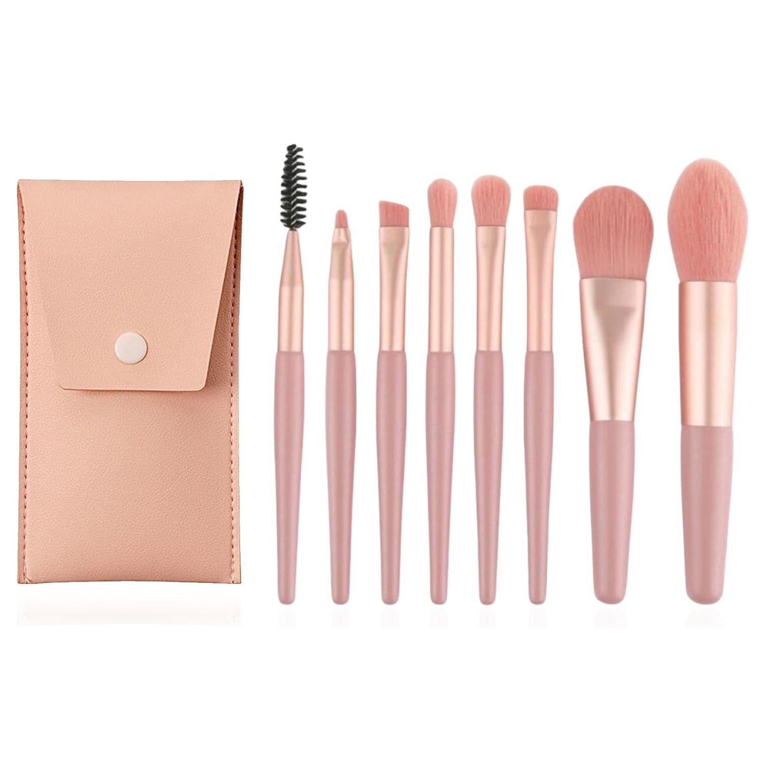 Nova Glam Essentials 8-Piece Travel Makeup Brush Set - Mini Portable Brush Kit with Pink Case for Foundation, Eyeshadow & Contour