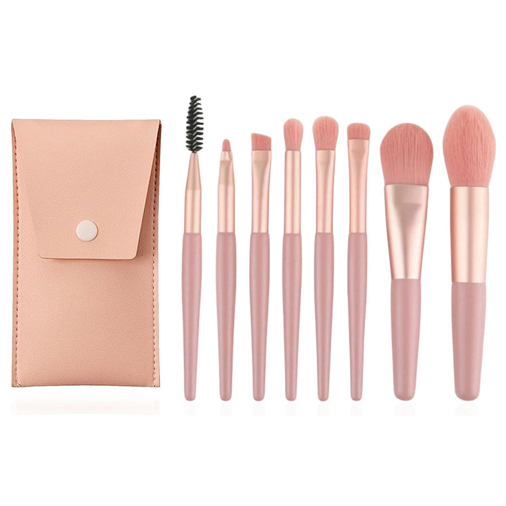 Nova Glam Essentials 8-Piece Travel Makeup Brush Set - Mini Portable Brush Kit with Pink Case for Foundation, Eyeshadow & Contour