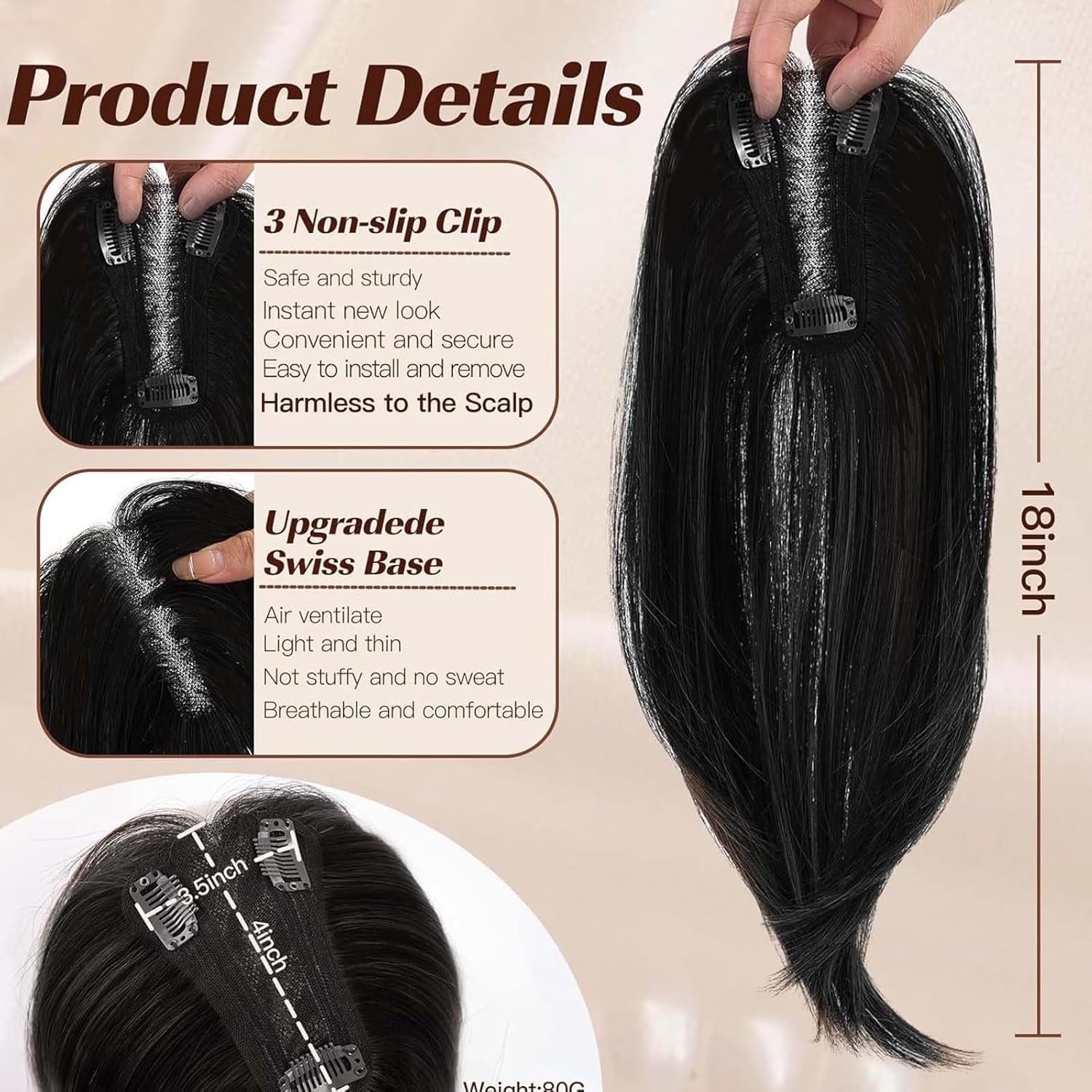 Clip in Hair Pieces for Women Hair Toppers for Women Real Human Hair Hair Toppers Bangs Hair Clip Thinning Hair(18Inch)