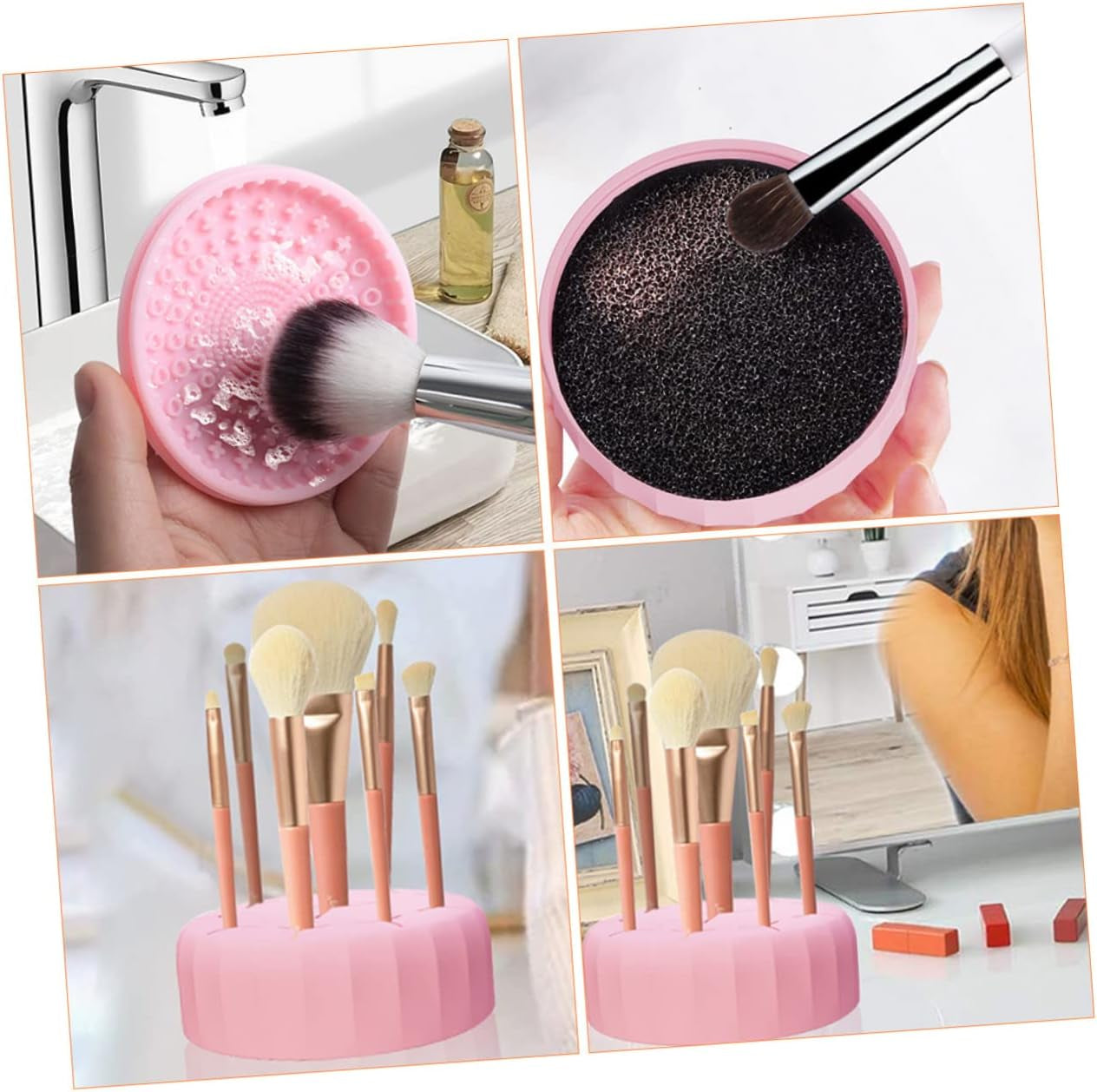 Nova Glam Essentials Dual-Use Silicone Brush Cleaner - Quick-Dry Cleaning Box & Drying Rack for Makeup Tools (Travel Pink)