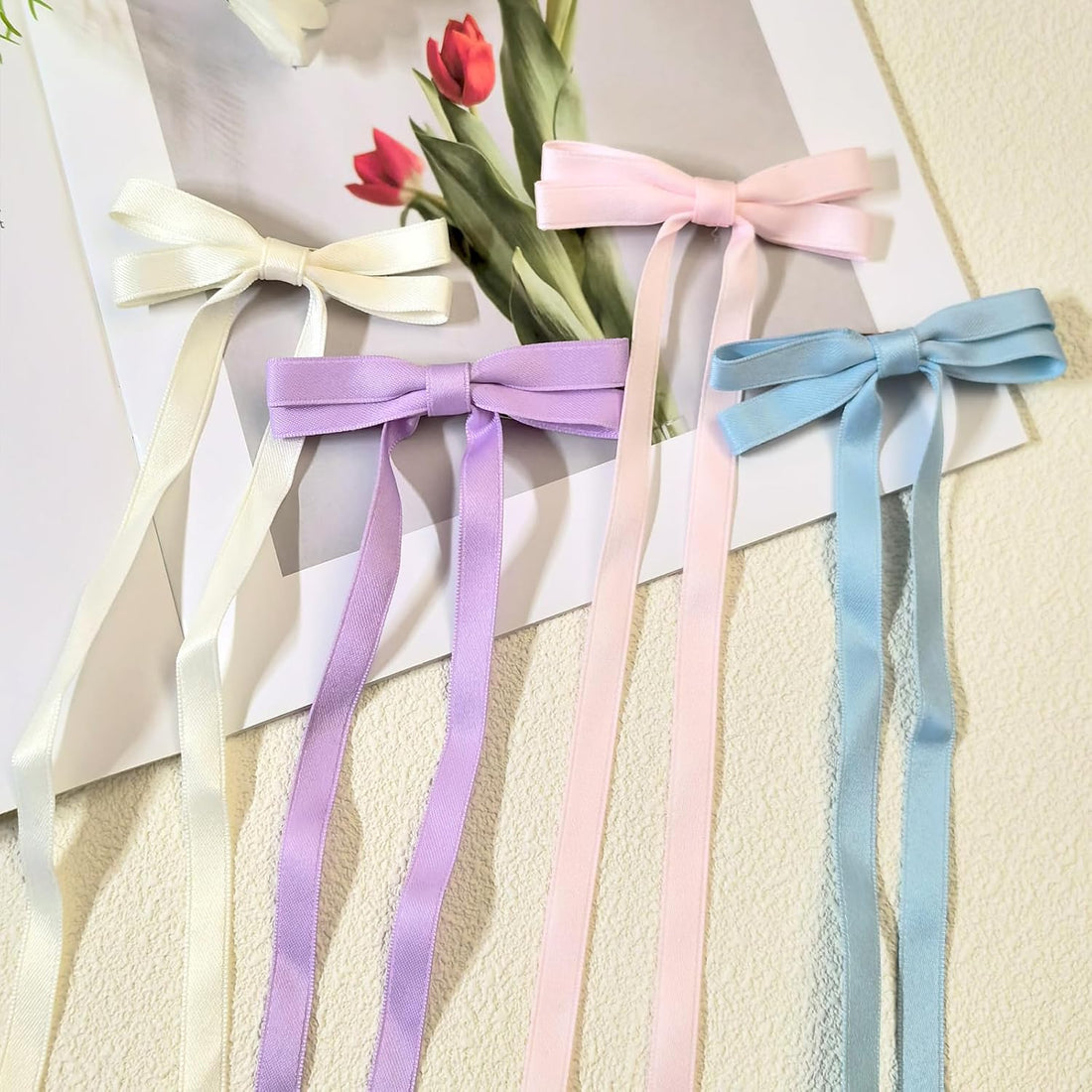 Nova Glam Essentials 8-Piece Double Hair Bows - Long Tassel Ribbon Hair Clips for Women & Girls (Y2K Kawaii Hair Accessories, 4 Colors)