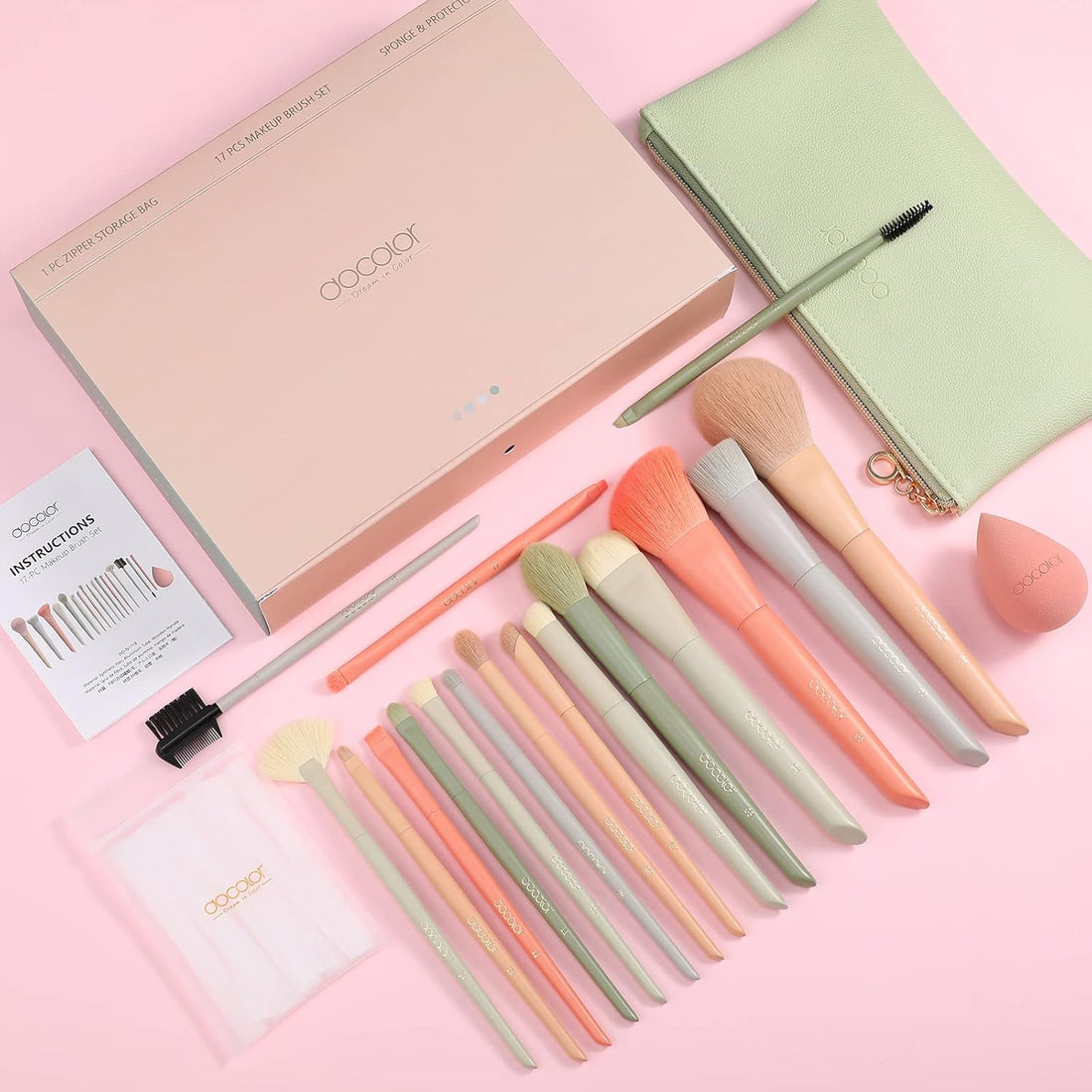 Nova Glam Essentials 17-Piece Morandi Makeup Brush Set - Premium Synthetic Brushes with Makeup Bag, Sponge & Eyelash Comb (Complete Professional Kit)