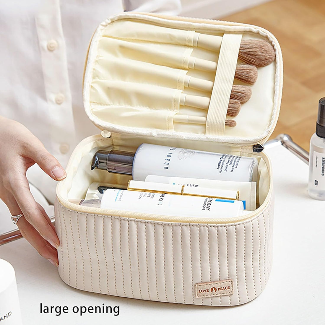 Nova Glam Essentials Waterproof Makeup Bag - 8.4x5.4" PU Leather Travel Organizer with Zipper, Lay-Flat Design (Gift-Ready)