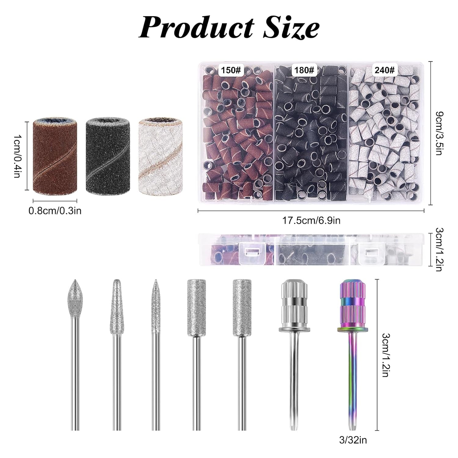 Nova Glam Essentials 300-Piece Nail Drill Sanding Bands Set - 150/180/240 Grit with 7 Drill Bits for Professional Manicures & Pedicures