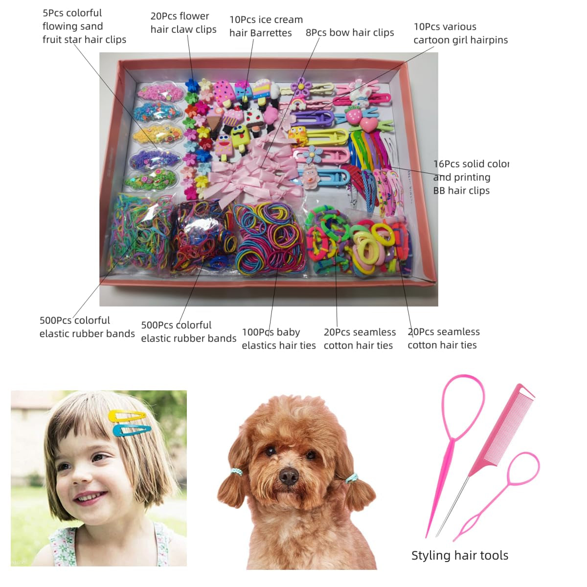 Nova Glam Essentials 1212-Piece Hair Accessories Kit - Hair Clips, Elastic Ties & Styling Tools for Girls & Women (69 Clip Styles + 1140 Bands)