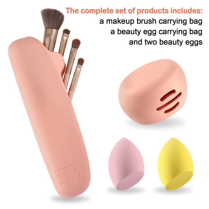 Nova Glam Essentials 4-Piece Silicone Travel Set - Makeup Organizer Bag, Anti-Fall Sponge Holder & 2 Blenders (Khaki)