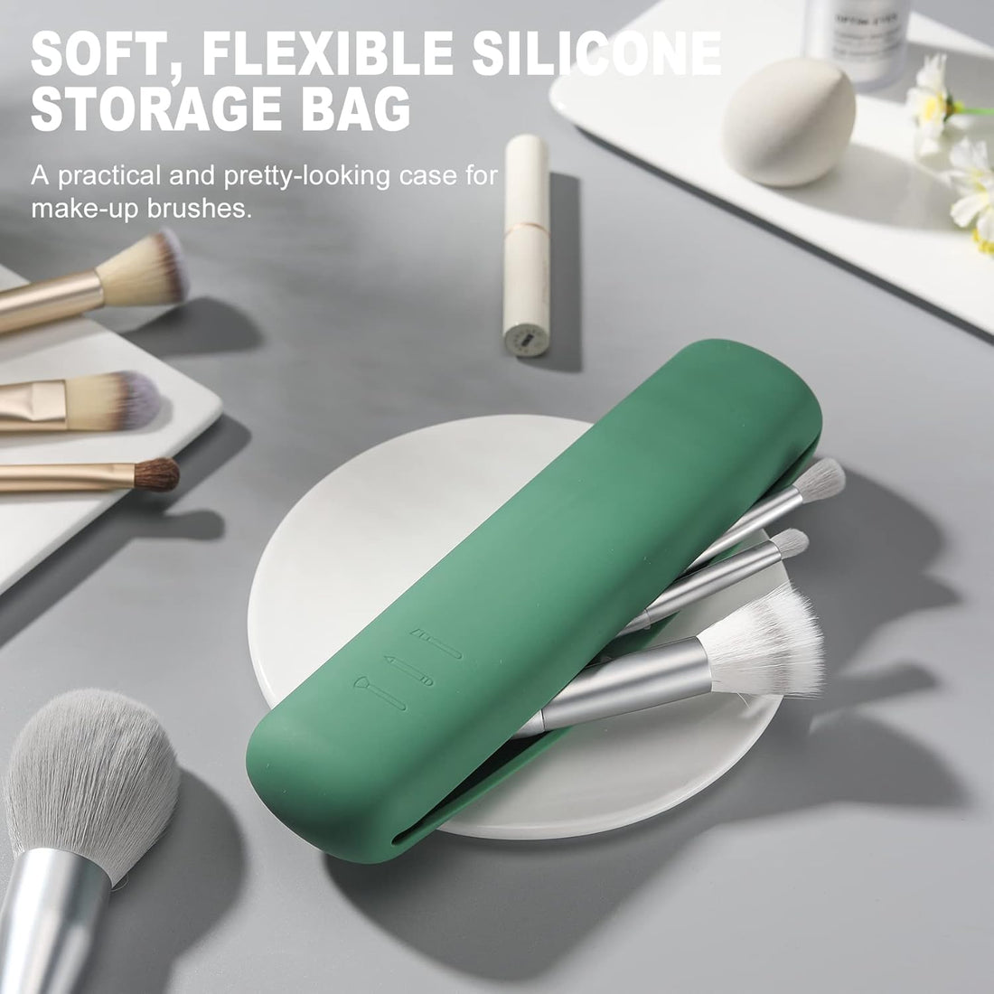 Nova Glam Essentials Silicone Makeup Brush Holder - Travel Case with Magnetic Closure for 4-6 Brushes (Eco-Friendly Green)